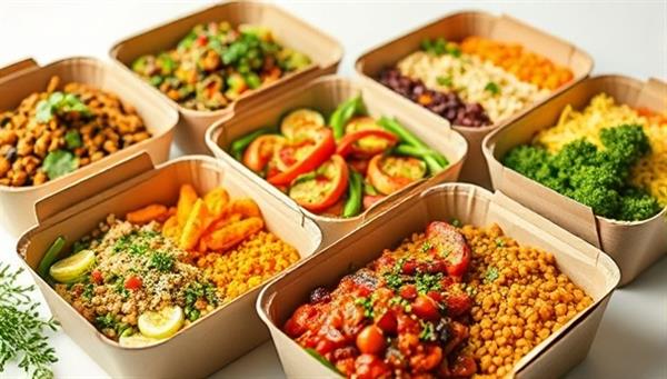 An enticing array of colorful and nutritious plant-based meals elegantly packaged in eco-friendly containers, accompanied by fresh herbs and vibrant garnishes, reflecting the vibrant and health-conscious essence of VeggieVibe Express