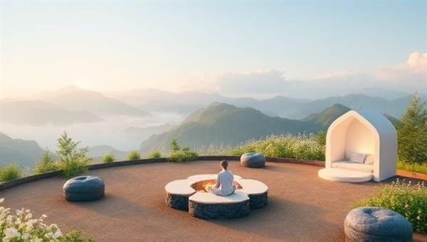 A serene virtual wellness retreat setting featuring a tranquil digital landscape with calming nature sounds, soothing visuals, and virtual meditation spaces for mindfulness practices, creating a peaceful and immersive online retreat experience at Serenity Oasis Online.