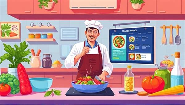 An appetizing digital illustration showcasing a virtual cooking class experience with a chef guiding participants through a vibrant culinary journey, featuring fresh ingredients, cooking utensils, and a digital recipe display, evoking the excitement and creativity of virtual cooking adventures.