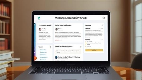 An online platform interface displaying virtual writing accountability groups in action, with members engaging in discussions, sharing progress updates, and celebrating milestones together, fostering a sense of camaraderie and mutual support in a digital writing space.