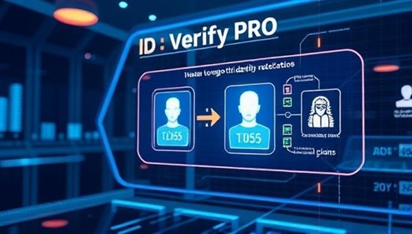 A futuristic digital illustration representing the ID Verify Pro platform in action, showing a seamless and secure identity verification process using biometric scans and document recognition, emphasizing trust and reliability in online transactions.