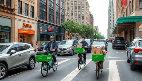An urban street scene bustling with activity, featuring EcoHaul Cargo bikes navigating through traffic and delivering packages to eco-friendly businesses, highlighting the green and efficient nature of the cargo bike service in an urban setting.