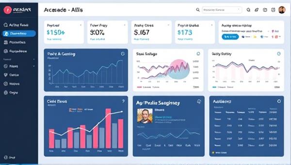 An AI-powered dashboard displaying real-time ad performance metrics, optimization suggestions, and audience insights, illustrating the tool