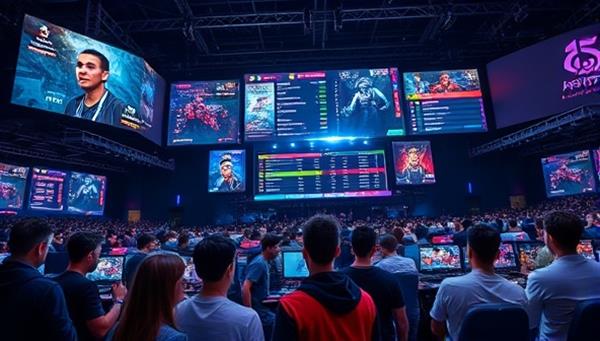 A dynamic esports arena setting featuring digital screens displaying esports matches, data analytics charts, and a diverse group of gamers engaged in intense gameplay, symbolizing the competitive and data-driven environment of the Esports Pro Predictor marketplace.