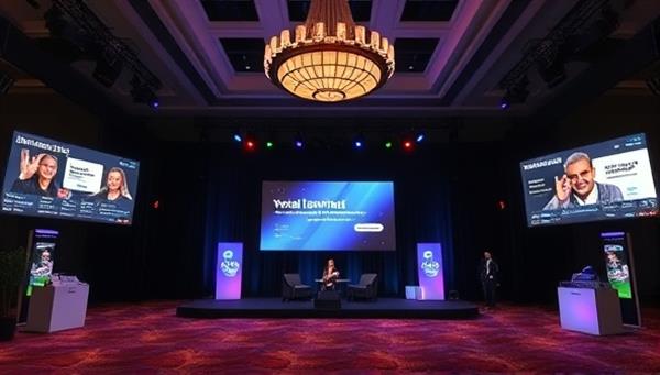 An elegant virtual event setup with digital screens displaying event schedules, virtual booths, and interactive chat features, creating a professional and engaging virtual event atmosphere.