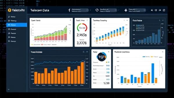 A sleek and modern data analytics dashboard displaying real-time telecom data visualizations and insights, with graphs, charts, and key metrics highlighted, showcasing the powerful business intelligence capabilities of DataComm Insights.