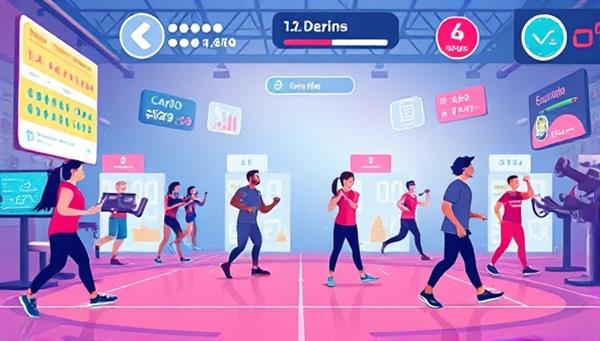 A dynamic illustration showcasing a virtual world where players engage in various fitness challenges, from cardio workouts to strength training, with avatars gaining experience points and leveling up as they complete tasks, highlighting the gamified fitness experience of the platform.