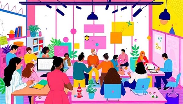 A vibrant and collaborative design community hub showcasing designers interacting, sharing ideas, and working on projects together in a digital space filled with color, creativity, and inspiration, fostering a sense of belonging and collective growth.