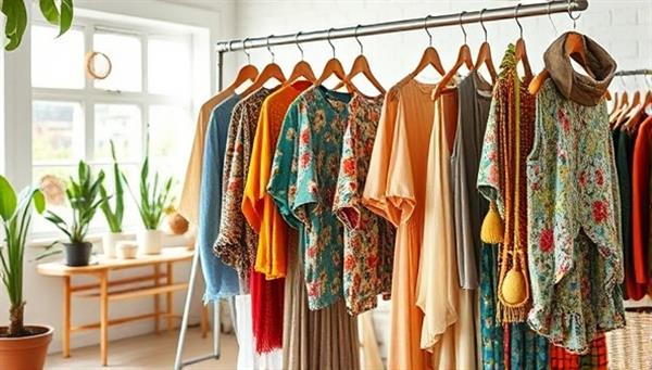An aesthetic image of a colorful array of upcycled garments and accessories displayed on a clothing rack in a bright, eco-friendly studio space, conveying creativity and sustainability in fashion design.
