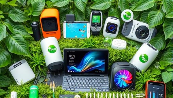 An artistic display of various sustainable tech gadgets surrounded by greenery and eco-friendly elements, symbolizing innovation and environmental consciousness in the tech industry.