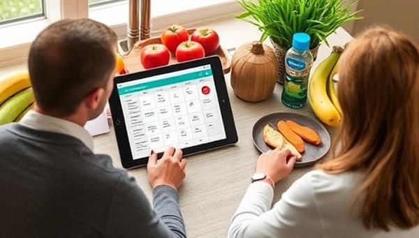 A virtual nutrition coaching session in progress with a nutrition coach discussing a personalized meal plan on a digital tablet with a client, surrounded by fresh fruits, vegetables, and a water bottle, creating a health-focused and supportive environment at NutriNurture.