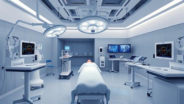 An immersive VR training scenario depicting a medical simulation with a virtual operating room, medical equipment, and patient interactions, highlighting the realism and practicality of the VR training simulators developed by the business.