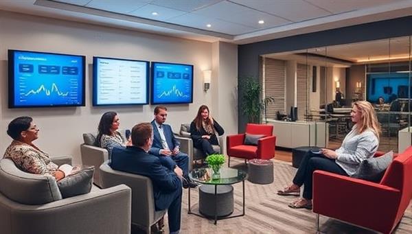 An inviting and modern investment lounge with cozy seating areas, digital screens displaying investment options, and a friendly advisor discussing investment strategies with a diverse group of clients.
