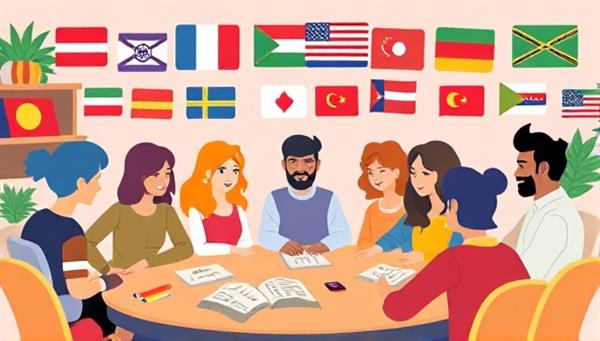An artistic illustration of a virtual language club meeting with diverse avatars representing different languages, engaging in language games and cultural exchanges, creating a vibrant and inclusive learning atmosphere.