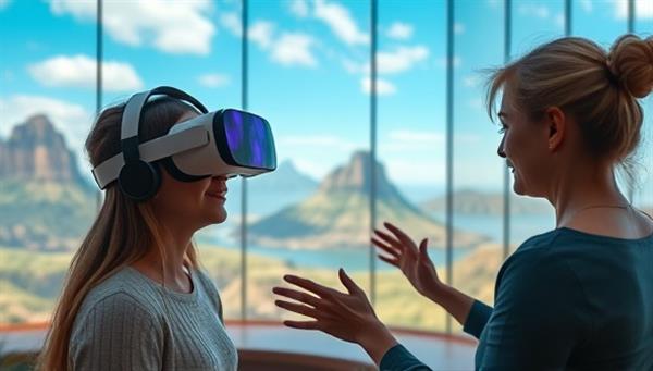 An immersive virtual reality therapy session featuring a client wearing a VR headset, surrounded by serene digital landscapes and engaging therapeutic scenarios, guided by a mental health professional, illustrating the transformative potential of VR therapy for mental well-being.