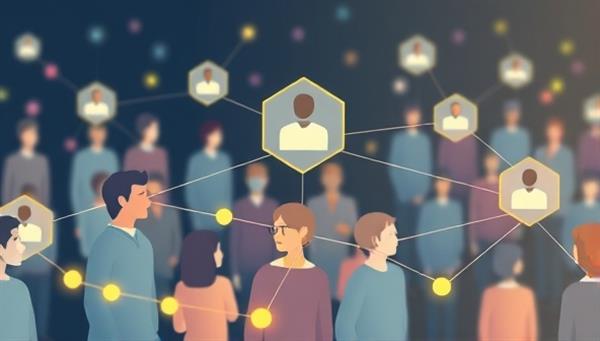 A dynamic digital illustration showing a network of interconnected individuals exchanging insurance coverage, symbolizing community support and personalized protection.