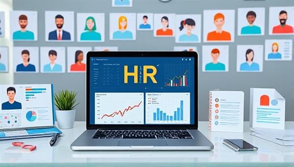 An image of a virtual workspace with a laptop displaying HR analytics dashboards, surrounded by diverse employee profiles and training materials, symbolizing efficient HR management in a digital environment.