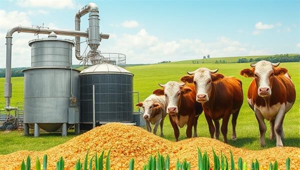 An eco-friendly feed mill producing sustainable livestock feed, featuring a blend of insect protein, algae, and organic ingredients being mixed into pellets, with healthy livestock enjoying the feed in a lush, green pasture, symbolizing sustainable animal nutrition.