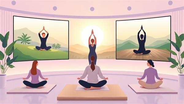 A serene digital illustration of a virtual wellness retreat session, featuring participants engaged in yoga poses and meditation practices on screens surrounded by calming nature scenes and tranquil settings, creating a peaceful and rejuvenating virtual retreat experience for participants.
