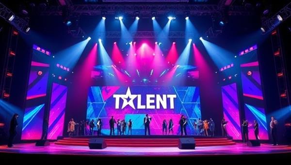 A vibrant digital stage setup with spotlights shining down on a variety of performers showcasing different talents, capturing the excitement and diversity of the virtual talent show platform.