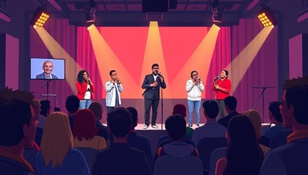 A vibrant and humorous illustration of a virtual comedy club setting with diverse comedians performing on a digital stage, surrounded by laughing audiences in a virtual audience, capturing the essence of comedy, entertainment, and shared laughter in a virtual space.