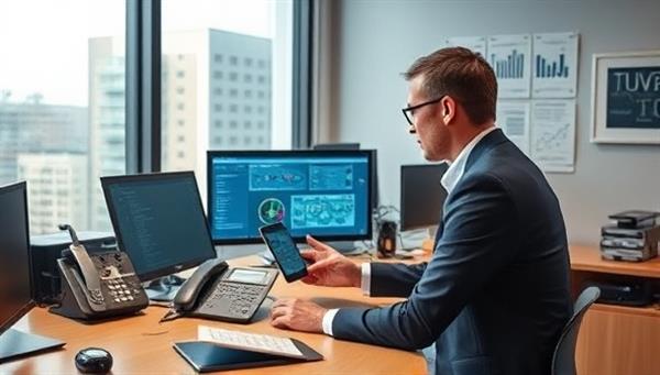 An office setting with a consultant analyzing communication systems on a digital interface, surrounded by telecom devices and network diagrams, illustrating the expertise and guidance provided by TeleAdvise Pro in optimizing telecommunication setups for businesses and individuals.