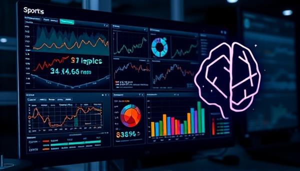 An AI-powered computer screen displaying intricate sports data analytics and predictive models, with a digital brain icon symbolizing artificial intelligence at work, conveying the cutting-edge technology behind the platform.
