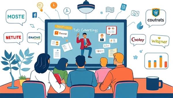 An artistic depiction of a virtual brand storytelling workshop with participants engaged in storytelling exercises, led by a charismatic facilitator on a digital platform, surrounded by visual storytelling elements and brand logos, conveying creativity and brand identity transformation.
