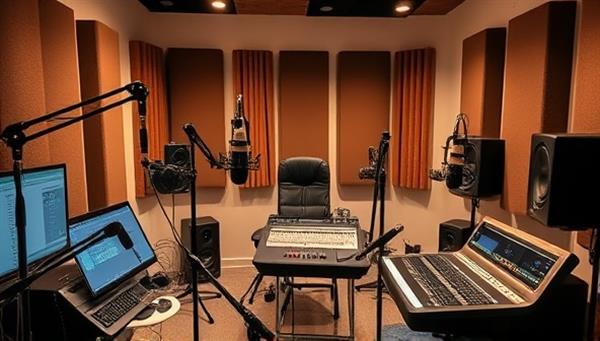 A professional podcasting studio setup with microphones, soundproofing panels, mixing consoles, and recording software, capturing the essence of a creative and productive environment for podcast production and storytelling.
