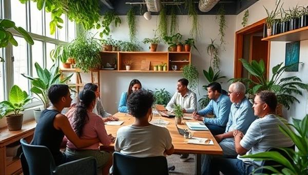 A collaborative co-working space adorned with greenery and sustainable design elements, with diverse groups of social entrepreneurs and activists engaged in discussions, workshops, and project planning, fostering a sense of community and positive impact.