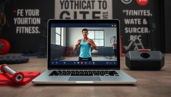 A laptop screen showing a virtual workout session with a trainer guiding a user through exercises, surrounded by fitness equipment and motivational quotes, inspiring a sense of motivation and progress.