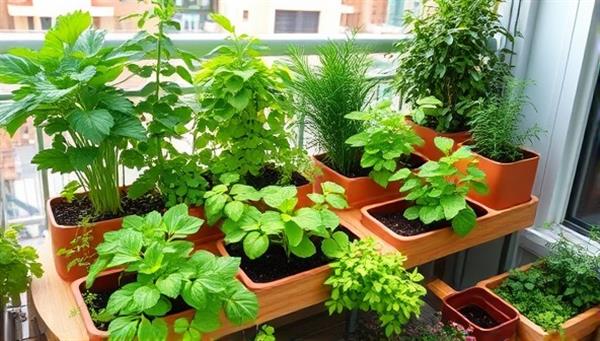A vibrant and lush urban garden setup on a balcony, featuring the compact self-watering planters from the gardening kit filled with flourishing herbs and vegetables, showcasing the potential for sustainable urban farming in limited spaces.