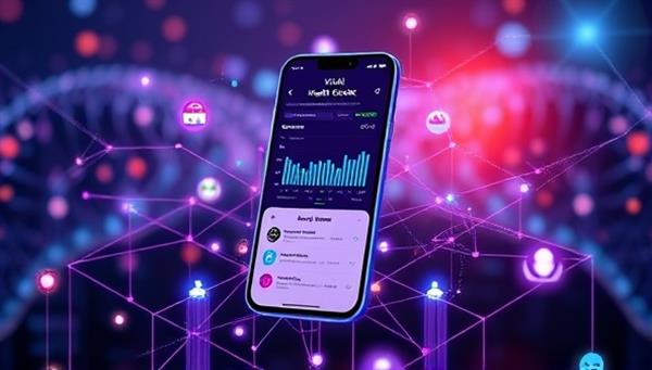 A futuristic visualization of the VitaAI Health Tracker app interface displaying personalized health analytics, real-time monitoring data, and wellness recommendations, surrounded by a digital health ecosystem, illustrating the fusion of AI technology and personal health management.