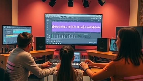 An image of a virtual music production workshop featuring a professional producer guiding participants through a hands-on tutorial on music software with interactive screens displaying sound waves and editing tools, illustrating the innovative and collaborative nature of the workshops.