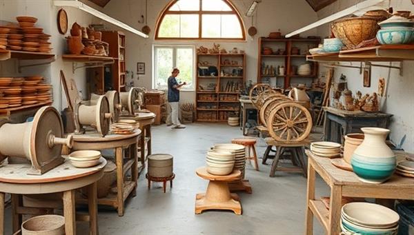 A serene pottery studio filled with spinning wheels, clay molds, and vibrant glazes, with a talented artisan delicately shaping a unique ceramic piece, capturing the essence of creativity and craftsmanship in bespoke ceramic tableware production in a tranquil and artistic environment.