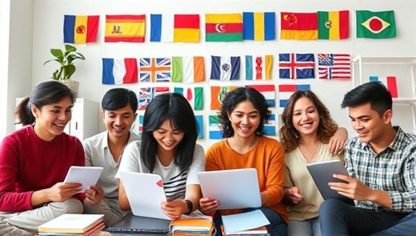 An engaging image of diverse individuals participating in a virtual language learning session, with language flags, study materials, and digital devices visible, illustrating a multicultural and interactive learning environment.