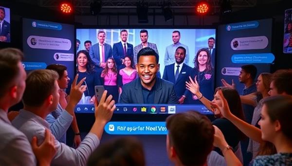 A captivating visual of a virtual meet and greet event featuring a celebrity interacting with fans on-screen, surrounded by digital graphics and chat messages, capturing the excitement and intimacy of the online celebrity experience.