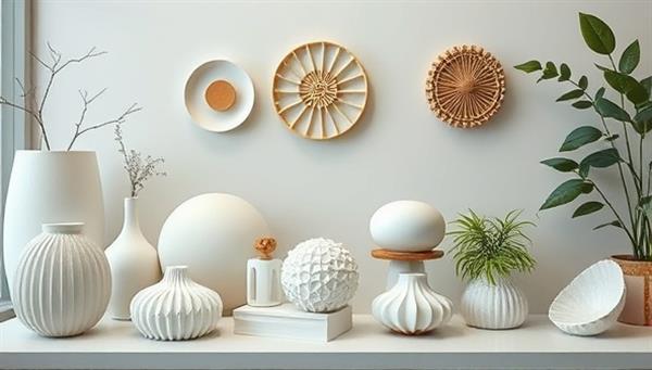 An array of beautifully designed 3D-printed home decor items displayed in a modern, eco-friendly setting, emphasizing the sustainability and elegance of the products.