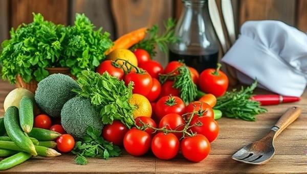 A rustic farm kitchen setting with fresh vegetables and herbs on a wooden table, alongside cooking utensils and a chef