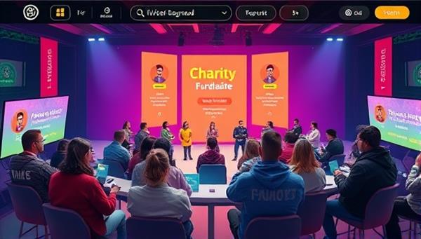 A virtual charity fundraising event scene within the platform, showcasing players participating in charity challenges, donating to causes, and unlocking virtual rewards for their contributions, creating a sense of community, generosity, and social impact through gaming.