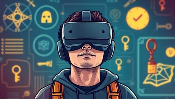 An illustration of a player wearing a VR headset, surrounded by futuristic virtual escape room elements like cryptic symbols, hidden keys, and interactive puzzles, creating a sense of mystery and excitement.