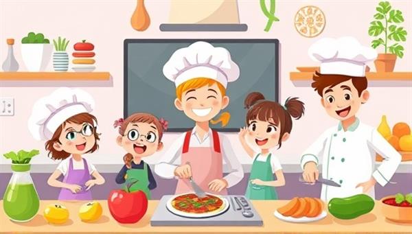 An animated illustration of a virtual cooking class session with colorful ingredients, joyful kids wearing chef hats, and a friendly chef leading the online cooking tutorial, creating a playful and educational atmosphere.