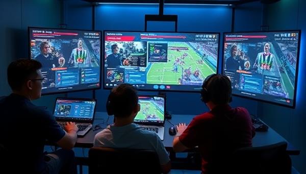 A dynamic online coaching session featuring a professional esports coach providing strategic advice to a group of gamers in a virtual training environment, with screens displaying gameplay analysis and real-time feedback, highlighting the educational and competitive aspects of the platform.