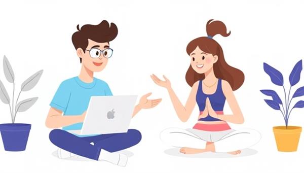 An animated illustration of two individuals exchanging skills virtually: one teaching coding while the other offers yoga instruction, symbolizing the diverse range of skills available for exchange on the platform.