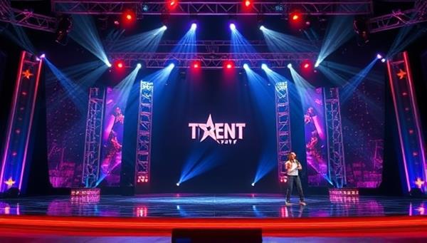 An artistic representation of a virtual stage with spotlights shining on various performers, capturing the excitement and diversity of the talent show platform.