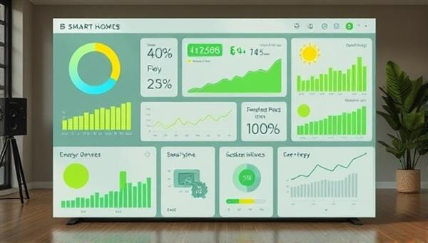 An interactive dashboard displaying real-time energy consumption and sustainability metrics in a smart home setting, with eco-friendly devices and green initiatives highlighted, promoting sustainable living practices.