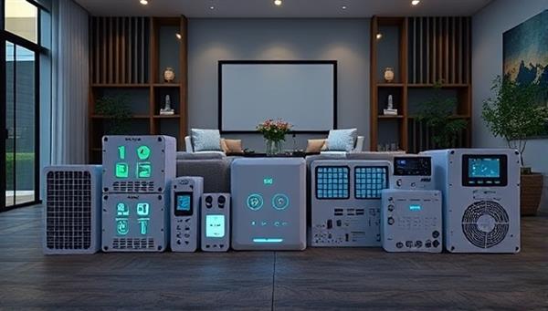 An array of smart home modules arranged in a modern living room setting, with each module displaying its unique function through illuminated indicators, conveying a sense of futuristic home automation.
