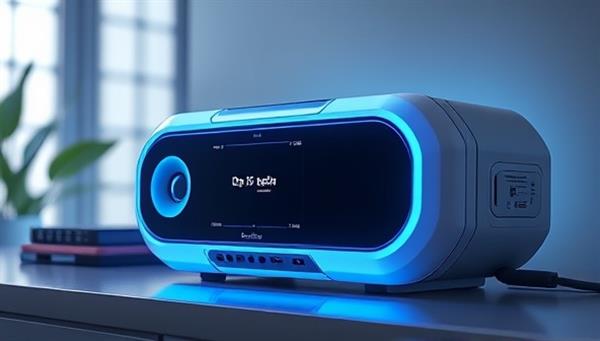 An innovative image featuring a sleek smart home device prototype with futuristic design elements, integrated with a smart speaker and lighting system, showcasing the potential of custom IoT solutions created by SmartTech Forge.