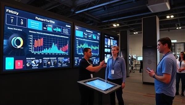 A cutting-edge fitness technology hub featuring a variety of wearable fitness devices, interactive data displays, and fitness professionals demonstrating training techniques and performance assessments, illustrating the integration of technology and fitness innovation at FitTech Innovations.
