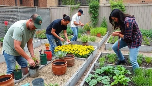 An urban gardening workshop setting with participants planting seedlings in recycled containers, tending to raised beds filled with colorful flowers and vegetables, and learning about sustainable gardening practices from an expert instructor, creating a vibrant and educational gardening experience.